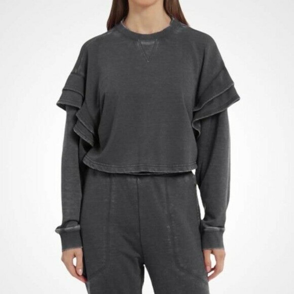 7 For All Mankind Dark Grey Cropped Crewneck with Ruffles, L